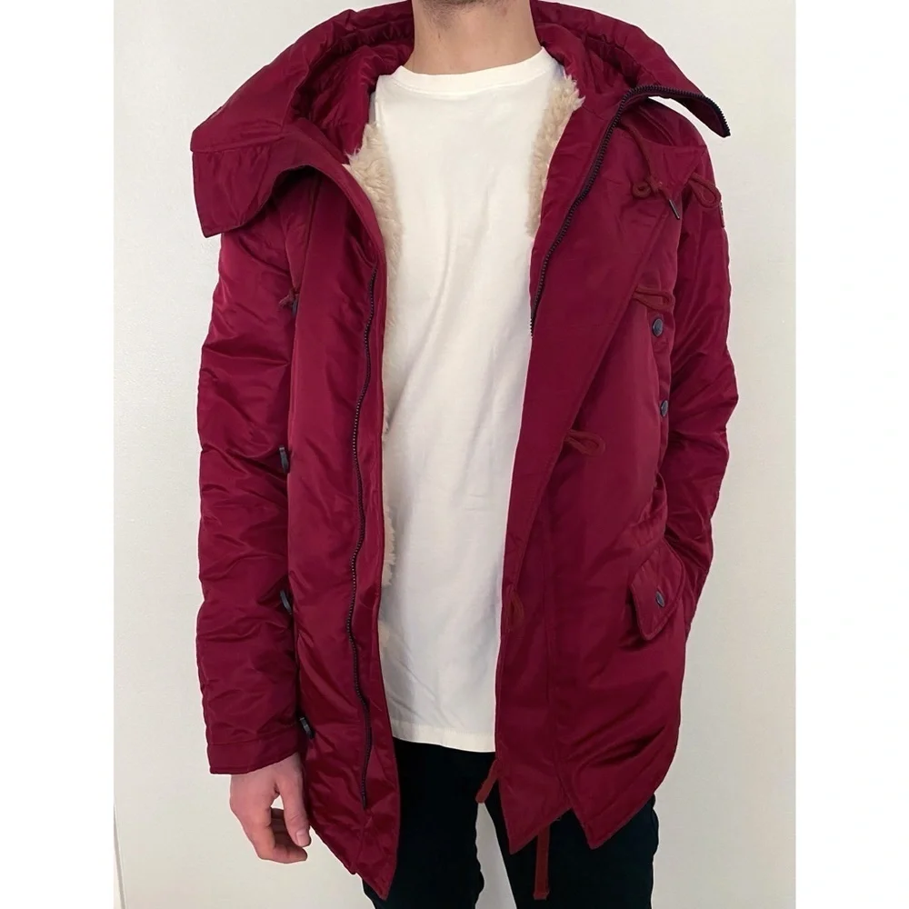 True Religion Men’s Parka Sherpa Zip Up Winter Jacket Hooded Coat Burgundy Red M